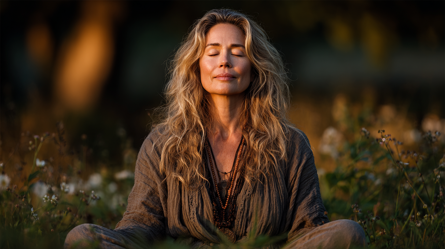 Щаслива літня жінка займається йогою в парку