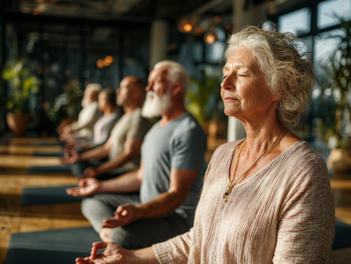Група старших людей займається легкими фізичними вправами у спортивному залі